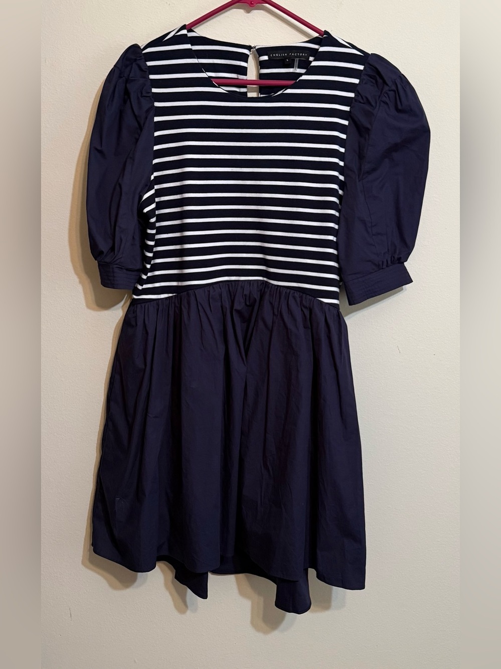 English Factory Navy and White Striped Puff-Sleeve Dress L